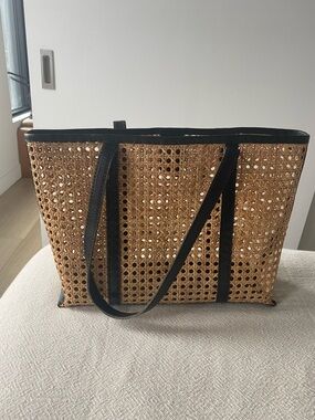 Natural Woven Tote with Black Trim - Casual Everyday Beach Bag